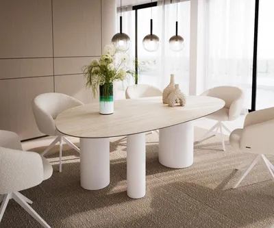Produktbild von DELIFE Esstisch Edge Oval 220x120 Keramik Laminam® Travertino Bianco Creme-Weiß Troa Metall Weiß