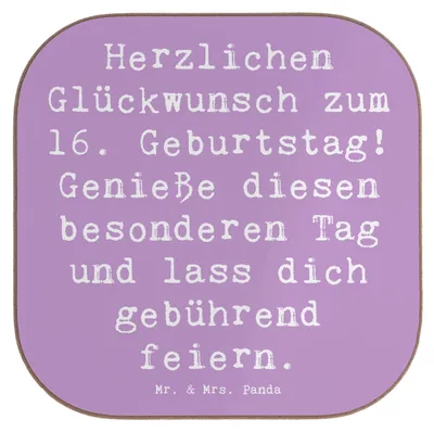Produktbild von Mr. & Mrs. Panda Untersetzer Tasse Spruch 16. Geburtstag - Lavendeltraum - Geschenk, Feier, speziell, Überraschung, für Gläser, Lachen, Holzuntersetzer, Happy Birthday