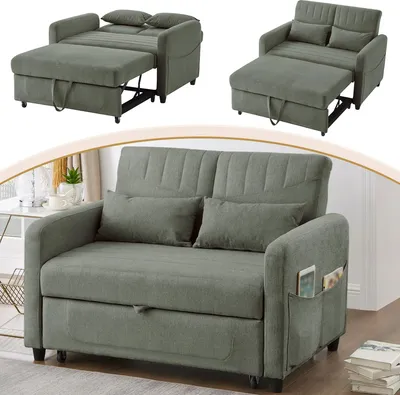 Produktbild von Merax 2-in-1 Ausziehbares Schlafsofa mit dreistufig verstellbarer Rückenlehne, atmungsaktivem Baumwoll-Leinen-Stoff, Zweisitzer mit Bettfunktion, Grün