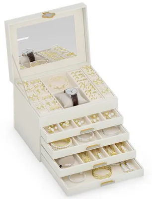 Image de Coffret à bijoux verrouillable - 5 niveaux - 5 tiroirs - Avec miroir - Blanc