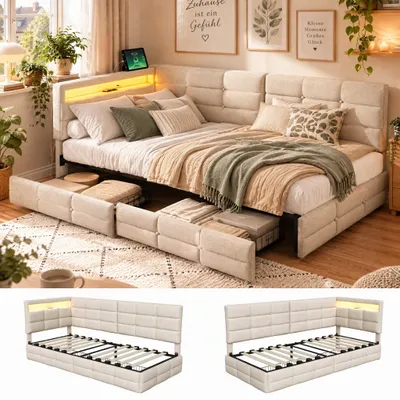 Productafbeelding van BPKADHY Polsterbed slaapbank 90x200 met LED en USB, beige L-vormige hoekbank, twee eenpersoonsbedden met 2 lades, dagbed met lattenbodem, linnen, zonder matras