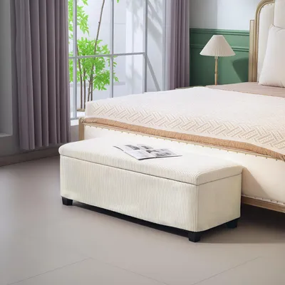 Produktbild von SUGIFT Sitzbank mit Stauraum 84 L, Cord-Polsterbank Sitzhocker, Stauraum-Truhe Cordbezug, Beige | 112 x 42 x 40 cm | bis 220 kg | Stahlrahmen