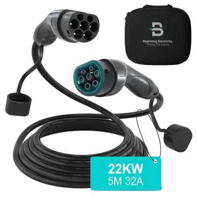 Imagen del producto de Cable de carga para vehículos eléctricos, tipo 2, de 5 metros de longitud, con una potencia de 22 kW, resistente a la intemperie