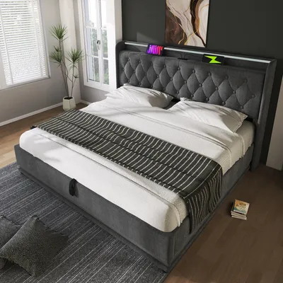 Produktbild von okwish Boxspringbett Polsterbett 160 x 200 cm mit Kopfteil mit USB&Typ-C-Ladeanschluss, Hydraulisches Stauraumbett mit Bettkasten Stauraum und mit LED-Beleuchtung(Ohne Matratze)- Leinen Grau
