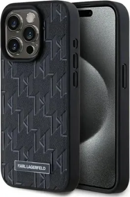 Produktbild von Karl Lagerfeld KLHMP15LPKHPORPK iPhone 15 Pro 6,1" Hardcase schwarz/schwarz Leder Monogramm Metall Logo MagSafe Schutzhülle