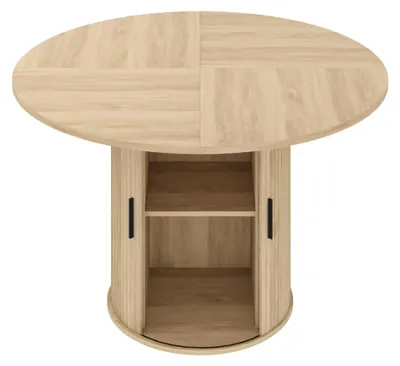 Produktbild von Runder Esstisch 120 cm - Küchentisch für 4 Personen - Stauraum mit 2 Ebenen und Schiebetür aus Holz - Säulengestell - Metallrahmen - Holzfarbe