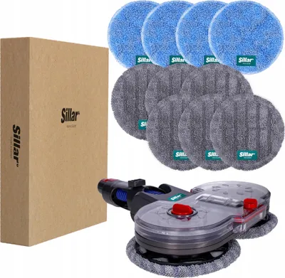 A product shot of a vacuum cleaner attachment with multiple cleaning pads and a branded box.