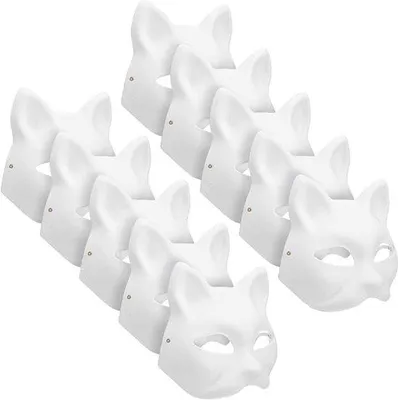 Zdjęcie produktu dla 10 białych, pustych masek dla kotów, idealnych do samodzielnego ozdabiania. Białe papierowe maski, idealne na Halloween, cosplay lub bal maskowy