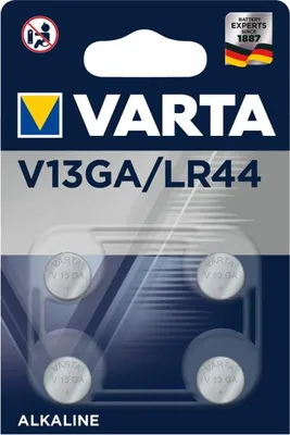 A retail package of VARTA V13GA/LR44 alkaline button cell batteries.