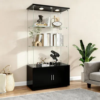 Image de Vitrine avec éclairage LED, 3 étagères, serrure, espace de rangement, couleur noire