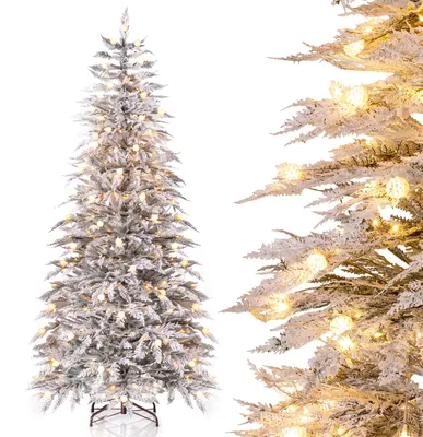 Productafbeelding van COSTWAY Kunstkerstboom, 210 cm, dennenboom met sneeuw, kerstboom met 350 warmwitte LED's, 8 lichtmodi, 710 PE-takken, 85 dennenappels