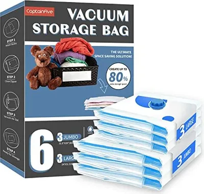 Zdjęcie produktu dla Worki próżniowe na ubrania, kołdry, opakowanie 6, 2 rozmiary (3 x 100 80 cm + 3 61 cm) worki na ubrania do przechowywania podróżnej pościeli poduszki ubrania