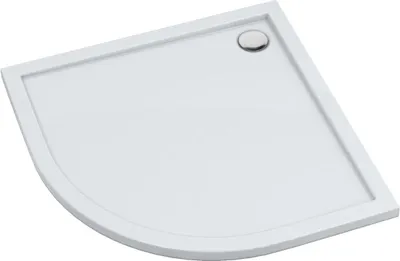A white corner shower tray with a chrome drain cover.