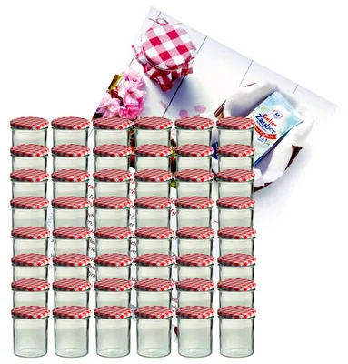 Immagine prodotto di set di 48 tumbler 350 ml barattolo per marmellata barattolo per conserve To 82 coperchio a scacchi rossi incl. libretto di ricette