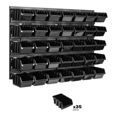 A wall-mounted storage system with multiple black bins, shown against a white background. A single bin is also shown separately with text indicating quantity.