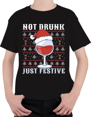 Produktbild von Not Drunk Just Festive Weinliebhaber - Ugly Christmas Sweater Weihnachten Weihnachtsgeschenk Uni Kinder T-Shirt, Schwarz, 128