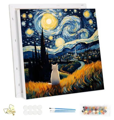 Zdjęcie produktu dla Malowanie po numerach dla dorosłych, obraz "Gwiaździsta noc" Van Gogha, kot, 30x30 cm, zestaw do samodzielnego wykonania, farby akrylowe, płótno