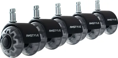 A set of office chair casters with a black housing and transparent wheels, displayed on a white background.
