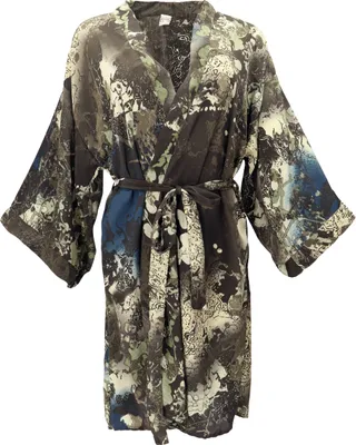 Produktbild von Kurzer Kimono im Japan Style, Kimono Mantel, Kimonokleid - Olivgrün/beige, Damen, Polyester, Kimono