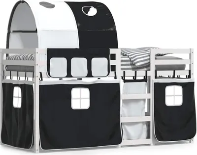 Image de vidaXL Lit superposé avec rideaux blanc & noir 80x200 cm Pin