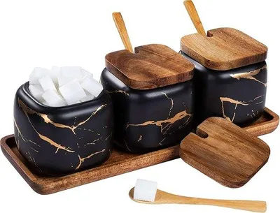 Zdjęcie produktu dla Zestaw 3 ceramicznych słoików na przyprawy z pokrywką i łyżeczką do domu i kuchni, alternatywa dla stojaka na przyprawy i stojaka na przyprawy do kuchni i jadalni z czarnym marmurowym wzorem