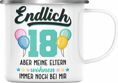 Produktbild von Trendation - 18. Geburtstag Emaille Tasse Geschenk Mädchen Jungen Geschenkidee Lustig Spruch 18 Geschenke Geschenkideen zum 18 Bday 18er Erwachsen (Silber)