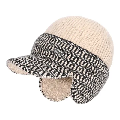 Produktbild von Strickmütze mit Visier und Ohrenklappen, Plüsch Wintermütze, Weiß
