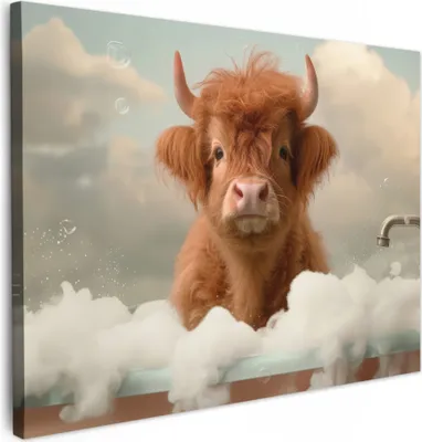 Produktbild von MuchoWow® - Leinwandbilder - Schottischer Hochländer - Bad - Schaum - Kuh, Wandbild, Wanddeko Bilder Wohnzimmer, 80x60 cm