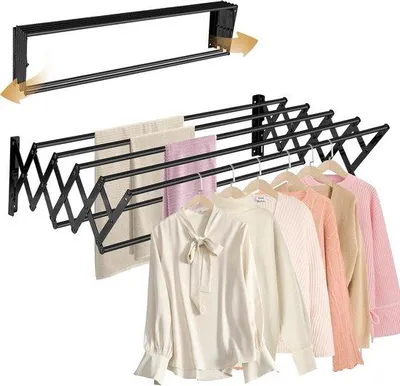 Produktbild von 17-Zoll-Wandtrockenständer, 130 lbs, große Kapazität, rostfrei, einziehbar und faltenfähig, einfach zu installieren mit 7 Trockentangen, Raumsparender Handtuchständer für die Waschmaschine - schwarz