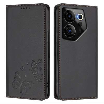 Image de Étui en cuir pour Tecno Camon 20 Premier, motif papillon, étui à rabat avec porte-appareil, noir