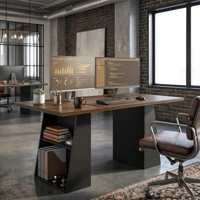 Produktbild von SUGIFT Schreibtisch mit 4 Ablagen, Industrial Design, Computertisch, Braun-Schwarz | 140 x 78 cm | 2 höhenverstellbare Ablagen | Melamin-Oberfläche