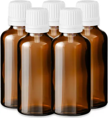 Produktbild von 5x Glasflasche braun 50 ml mit weißem Tropfeinsatz Medizinflasche leer