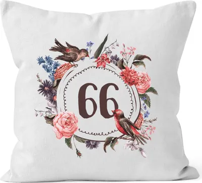 Produktbild von Kissen-Bezug Geburtstag 66 sechsundsechzig Geschenk-Kissen Blumen Blüten Blumenkranz Bordüre Kissen-MoonWorks® weiß unisize