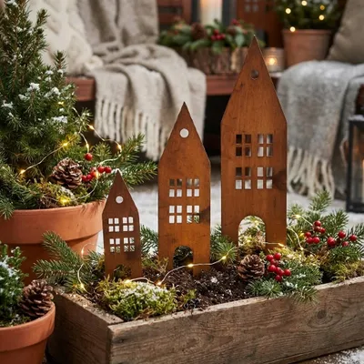 Immagine prodotto di Set di decorazioni da giardino in ferro ossidato, resistenti alle intemperie, altezza 16-33 cm, 3 pezzi.