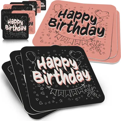 Produktbild von 50 Bierdeckel Happy Birthday, Geburtstag Party, Schwarz Rosa Quadratisch