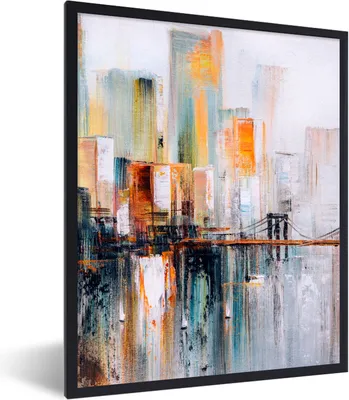 Produktbild von MuchoWow® Gerahmtes Poster Ölgemälde - Skyline - Abstrakt 60x80 cm - Poster mit Schwarzem Bilderrahmen Wandposter Rahmen Foto Bilder - Premium - Wanddeko Wohnzimmer