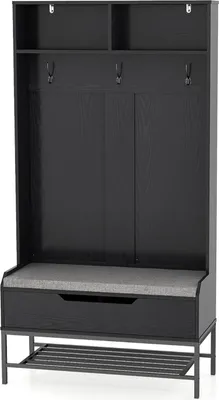Produktbild von Garderobenständer mit Schuhbank, Eingangsbereichschrank mit Schuhregal, 3 Haken, Freistehender 4-in-1-Kleiderständer, 90 x 39 x 170 cm, Schwarz