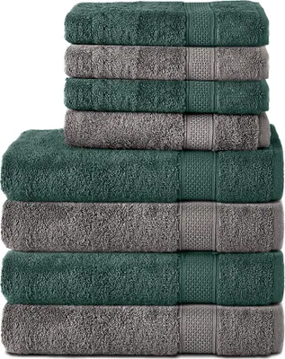 Produktbild von Komfortec 8er Handtuch Set aus 100% Baumwolle, 4 Badetücher 70x140 und 4 Handtücher 50x100 cm, Anthrazit/Dunkelgrün