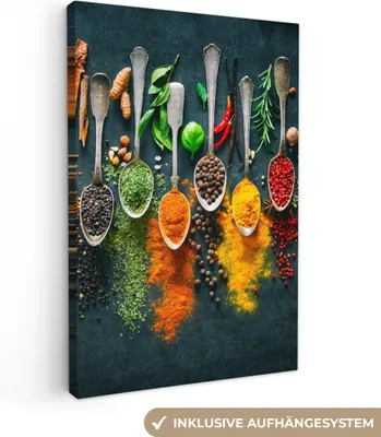 Produktbild von Leinwand Bilder 60x90 cm - Löffel und Gewürze, moderne Wanddeko für Wohnzimmer