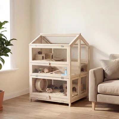 Produktbild von Sweiko Hamsterkäfig aus Holz 3 Etagen Nagerkäfig Kleintierkäfig mit Hütten Wippen Rampen Wasserschalen 68x61,5x90 cm Naturholz