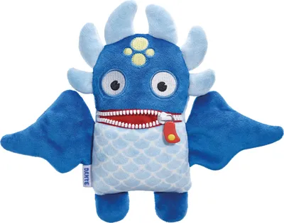 A stuffed toy monster with wings and a zipper mouth.