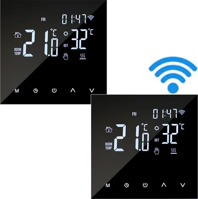 Two digital thermostats are shown, one slightly overlapping the other, with a Wi-Fi symbol in the background.