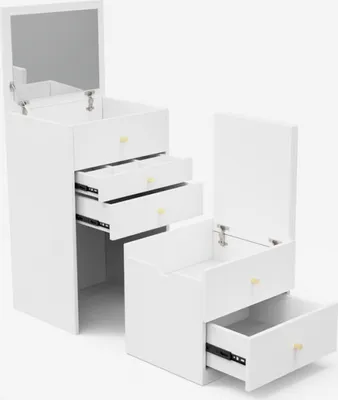 A white vanity set with a mirror and drawers, shown from a slightly elevated angle.
