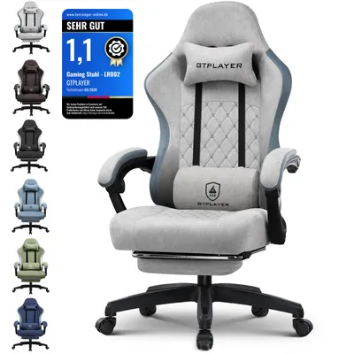 Produktbild von GTPLAYER Gaming Stuhl Ergonomischer Gaming Sessel Schreibtischstuhl PC Gamer Racing Stuhl mit Stoffoberfläche, Federsitzkissen, Verbindungsarmlehnen, mit Fußstütze bis 153 kg belastbar grau