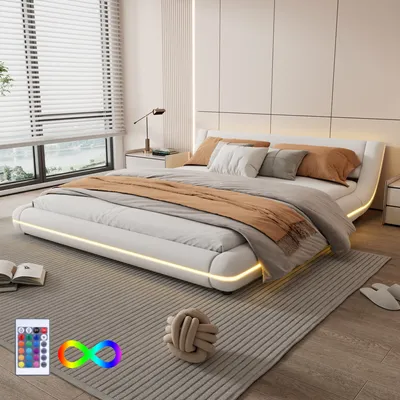 Produktbild von Flieks Polsterbett 160x200cm mit LED, Doppelbett Jugendbett mit Lattenrost, Klassisches Bett Holzbett Schwebebett Bodenbett, PU, Weiß