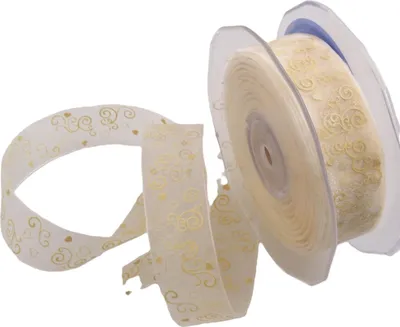 Produktbild von Hochzeitsband Organza mit Ornamenten & Herzen - 25mm - 25 Meter - creme - 92180-25-25-50