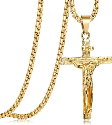 Image de Collier Homme Croix Acier inoxydable 61cm Chaîne Vénitienne Pendentif Jésus Argent/Or/Noir