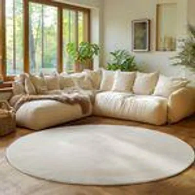 A living room scene with a sectional sofa and a round rug.