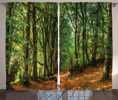 Produktbild von ABAKUHAUS Wald Rustikaler Vorhang, Waldweg-Szene, Wohnzimmer Universalband Gardinen mit Schlaufen und Haken, 280 x 260 cm,