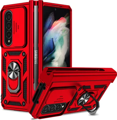 Produktbild von Galaxy Z Fold4 Hülle mit Schiebe Kamera Schutz und Ringhalter Ständer Robust Rüstung Schutzhülle für Samsung Galaxy Z Fold 4 5G Rot